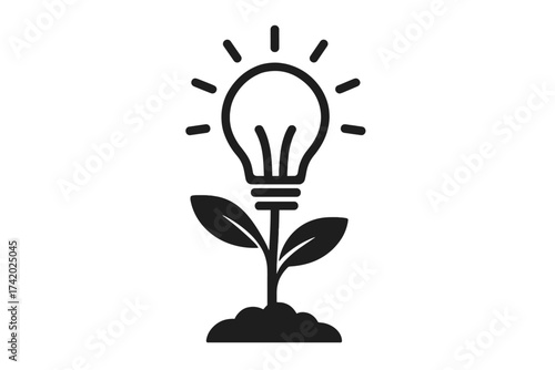 Light bulb on growing plant icon. Creative idea, innovation, solution. Business startup, growth, development. Metaphor for green energy, eco friendly technology, inspiration.