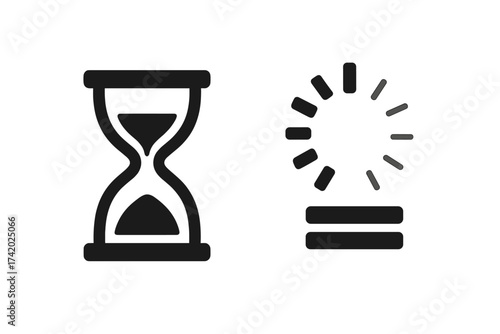 Loading icon set with hourglass and circular spinner. Please wait, buffering, processing symbol. UI elements for web and app interface. Vector wait sign and progress bar.