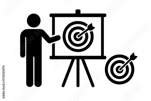 Business presentation with a person pointing at a target on a flip chart. Concept for goal setting, objectives, achievement, strategy, success, and mission focus.