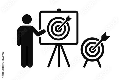 Business presentation about goals and objectives. Presenter with target icon. Concept of achievement, strategy, and success. Marketing training symbol. Vector illustration set.