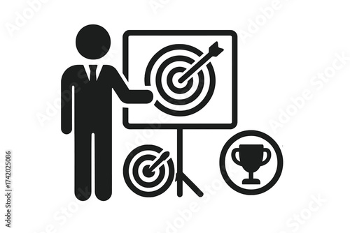 Business presenter with target icon for objectives, goal, and achievement. Vector symbol set for strategy, mission, success, and award. Marketing presentation concept.