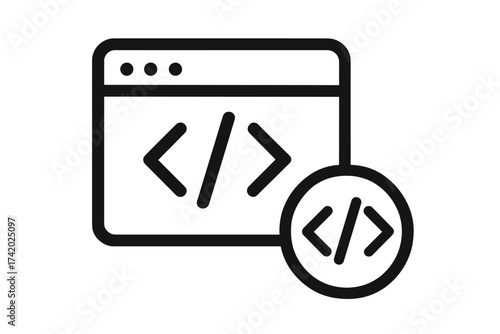Programming code icon. Web development symbol. Browser window with HTML tags. Software engineering concept. App development sign. Script, coding, data vector line illustration.