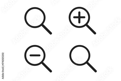 Search icon set with magnify glass. Zoom in and zoom out symbol collection. Find, research, and analysis vector icons for user interface design. Line art on isolated background.