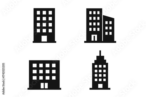 Office building vector icon set. Corporate architecture silhouettes. Skyscraper pictograms for business, company, and real estate. Urban flat design elements for city.