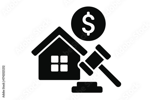 Real estate auction icon. House for sale, property bidding concept. Home foreclosure, mortgage, and investment symbol. Buy, sell, and finance property vector illustration.