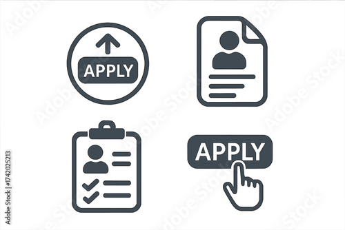 Apply for job icon set. Recruitment and hiring concept. Vector illustration includes resume, CV submission, vacancy, and apply now button for online job searching and careers.