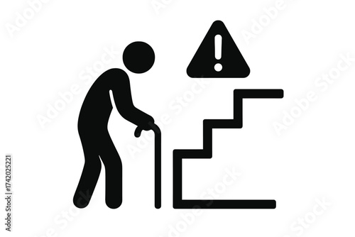 Elderly person with cane and stairs. Accessibility issue, mobility challenge warning sign. Senior safety, disabled access problem, physical barrier hazard. Aging health risk concept.