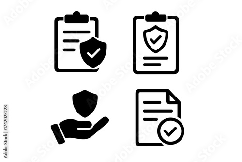 Insurance policy icon set. Vector symbols for protection and security. Clipboard, document, shield, and checkmark signs. Contract, guarantee, and agreement concept for business.