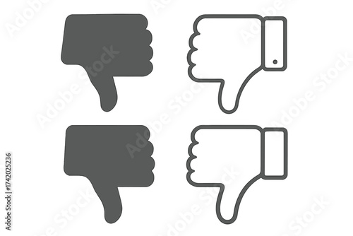 Dislike icon set with thumb down hand gesture. Negative feedback, disapproval symbol. Vector concept for bad review, rejection, no vote. Social media reaction. Web button glyph.