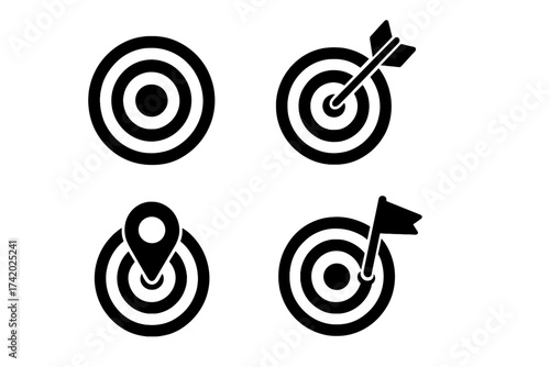 Set of target icons for business goals and strategy. Vector collection with dartboard, arrow, map pin and flag. Symbol of success, focus, achievement and mission accomplished.