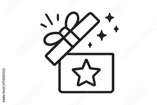 Open gift box with star inside. Vector line icon for reward or loyalty program. Present, surprise, and prize concept. Bonus achievement symbol for special offer or promotion.