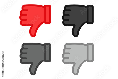 Set of dislike icons. Thumb down vector signs. Negative feedback, disapproval, rejection concept. Bad choice, vote down symbol for social media. Red and black hand gesture set.