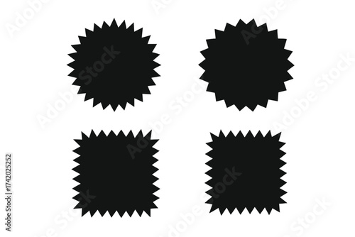 Vector set of black starburst shapes. Circle and square sunburst sticker icons. Blank promotional badges for sales, discounts, or special offers. Isolated graphic elements.