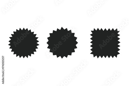 Set of vector starburst badges. Sunburst sticker shape collection. Circle and square price tags. Sale, best offer, new label icons. Promotion design elements. Quality seal.