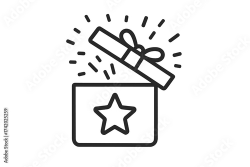 Open gift box with a star icon. Surprise present vector illustration. Concept for reward, bonus, prize, or a special offer. Loyalty program graphic for achievements. Line art.