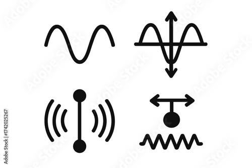Abstract Oscillation Waveform Physics Icon Set, Sine Wave, Resonance, Pendulum, Vibration, Frequency, Mechanical Energy, Science and Engineering Concept, Isolated Vector Illustration, Black Symbols