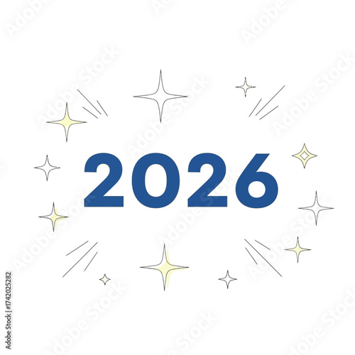 The year 2026 in blue text surrounded by celebratory sparkles.