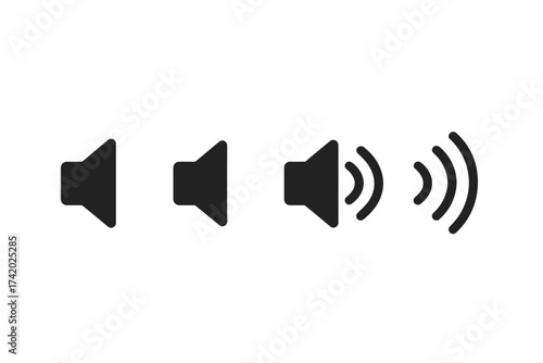 Vector set of volume icons. Sound level control from silent, low, to high. Speaker symbol for audio player UI. Mute, unmute, and sound wave pictogram for web design.