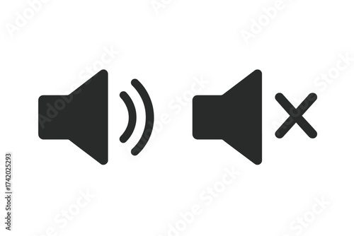 Sound off and sound on vector icon set. Speaker volume button symbol. Mute and unmute audio signs for user interface. Media player control element. Isolated illustration.