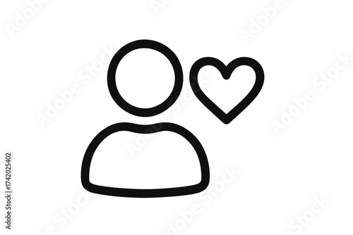 User profile icon with heart symbol, simple line avatar, favorite people, like, support, person outline vector, happiness, social connection, human resources, minimal isolated concept