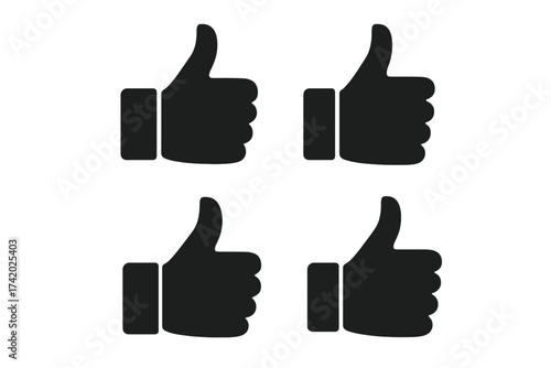 Set of black thumbs up icons. Like button for social media. Vector symbol of approval, agreement, and positive feedback. OK hand gesture for success and appreciation.