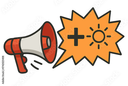 Megaphone announcement with positive message. Good news and optimism concept. Speaker with speech bubble, plus and sun icon for happiness, success and good vibes vector.