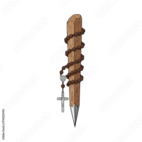 Vector Illustration of Vampire Hunter's Stake with Rosary and Crucifix. Vampire Hunter's Stake and Rosary Chain. 