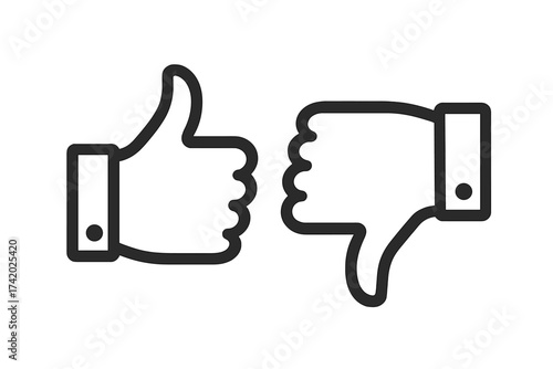 Thumb up and thumb down line icon set. Like and dislike symbols. Social media feedback. Vector for approve, disapprove, good, bad, yes, no, vote, choice and rating concepts.