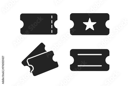 Ticket vector icon set. Simple black glyph symbols for event, movie, cinema or theater pass. Admission coupon or entry voucher graphic illustration collection on white background.