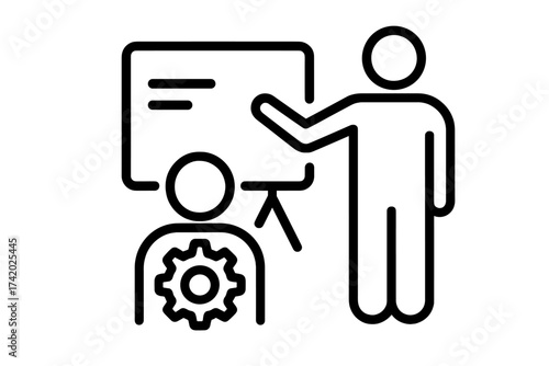 Training and coaching icon for business development. Mentor teaching employee. Person with cogwheel shows skill improvement. Presentation, workshop, learning concept vector.