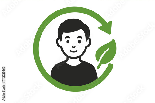 Man icon in go green recycle symbol. Environmental responsibility and sustainability concept. Eco-conscious user thinking of ecology, conservation, and a circular economy vector.