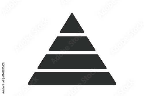 Black segmented pyramid infographic icon, four level hierarchy structure, step diagram. Minimalist vector illustration for ranking, priority, order, comparison, business management, workflow, process.