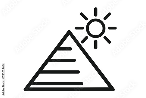 Ancient Egyptian pyramid icon with sun symbol, historical landmark vector, minimal black outline, travel tourism concept, Egypt architecture, culture heritage graphic for stock platforms