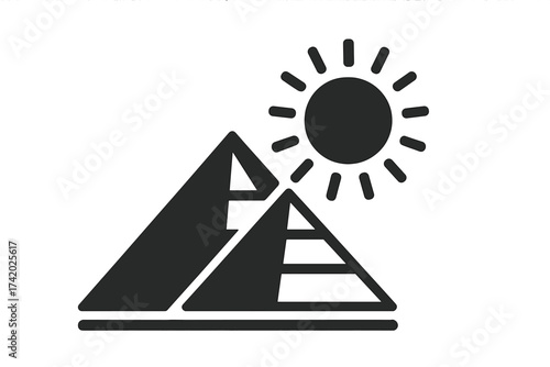Egypt Pyramids Icon with Sun. Ancient Egyptian Landmark Symbol. Vector Illustration of Giza Pyramids Silhouette. Historical Monument. Tourism Destination. Desert Landscape. Travel Concept Art