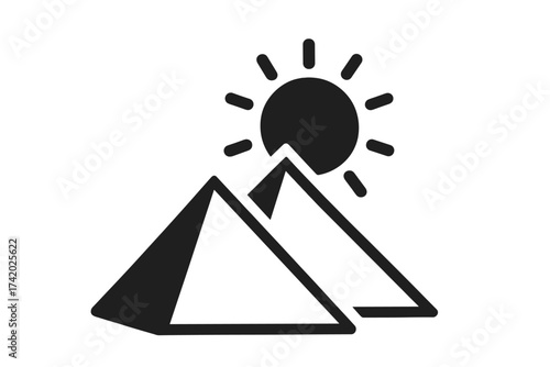 Egyptian pyramids icon with sun silhouette, ancient Egypt historical symbol, black vector illustration, geometric pyramid shapes, isolated, minimalist travel landmark, desert tourism design