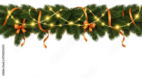 Green fir branches with orange ribbon and yellow lights isolated on a transparent background Christmas