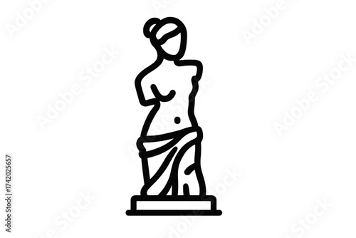 Venus de Milo ancient sculpture icon. Greek statue line art vector. Minimal elegant museum antique symbol. Classical tradition, resilience, female goddess illustration. Art monument, history concept.