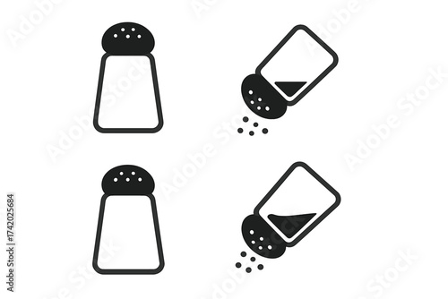 Salt shaker seasoning icon set. Simple vector illustration of salt shakers, kitchen condiment containers, seasoning symbols, filled and empty, upright and tilted, isolated on transparent background.