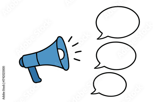Blue Megaphone Announces Speech Bubbles, Communication Concept, Flat Vector Illustration, Transparent Background, Loudspeaker Sound, Blank Text Balloons, Marketing, Social Media Template