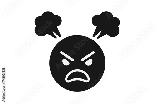 Angry stress face icon, steaming mad emoticon, vector illustration, emotional burnout, frustration, rage emoji, irritation, anger outburst, black silhouette, symbol of mental stress concept