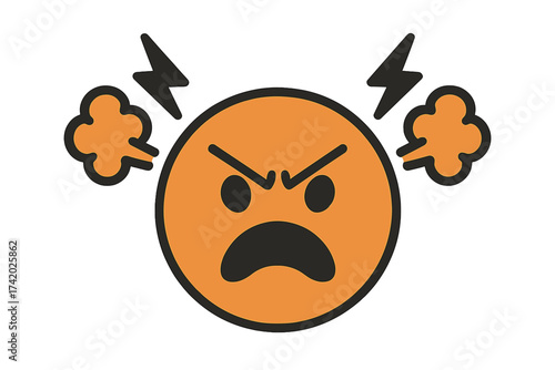 Angry face emoji vector illustration. Furious rage emotion icon with steam, thunderbolts, frowning face, expressive cartoon style. Stress, frustration, mad mood, negative emotional concept background.
