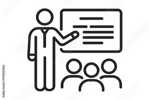 Educational presentation icon, teacher explaining lesson to students, classroom learning, seminar, lecture instruction, black outline vector, transparent background, academic training concept