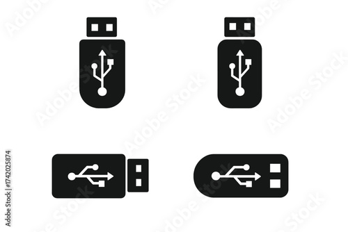 USB flash drive icon set vector illustration. Modern memory stick silhouette symbols for data storage, portable digital device, electronics, mobile technology. Black USB logo isolated collection.
