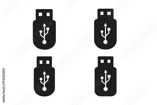 USB Flash Drive Icon Set. Black Memory Stick Vector Illustration with Technology and Data Transfer Symbol. Digital Storage Device Sign. Isolated Tech Hardware Concept for User Interface Design