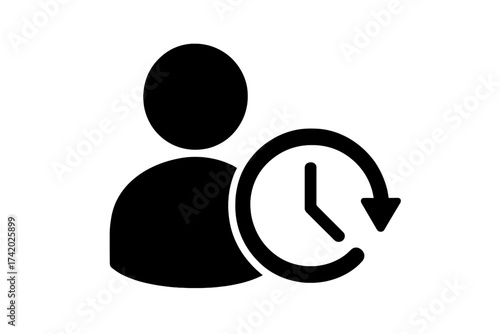 Time management user icon. Minimal clock with person silhouette. History, schedule, past events, activity log, deadline, earlier time, account record. Vector isolated on white background.