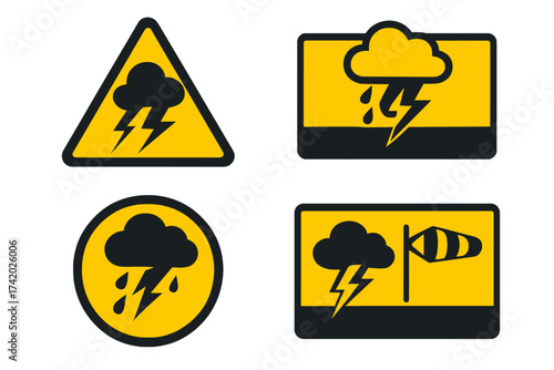 Weather alert announcement sign with storm warning banner, emergency notification icon, storm hazard vector illustration, transparent background, safety alert graphic design