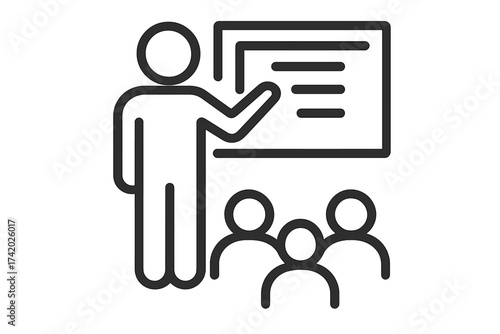 Teacher giving presentation, classroom lesson, educator teaching students, blackboard instruction, school education, lecture icon, seminar, instructor, audience learning, academic training concept