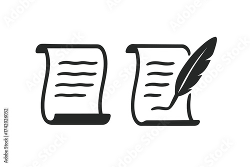 Manuscript parchment icon set, antique scroll blank page, writing letter with feather quill, historical script, old document, classic handwritten text, vintage literature concept illustration