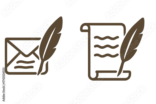 Writing letter with quill pen and parchment manuscript icon, vintage ink feather, historical document illustration, classic calligraphy tool, transparent vector set