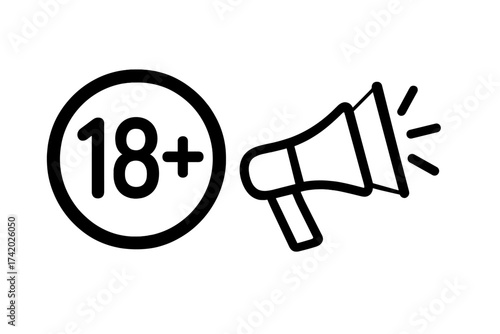 18+ age restriction warning sign. Adults only content notice with megaphone. Censorship, prohibited, and explicit material concept. Vector icon for under eighteen years old.